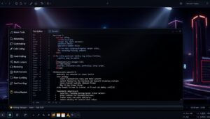 A sophisticated, sleek, and modern text editor interface with a dark graphite color scheme. The foreground features an array of advanced coding tools and customization options, including code highlighting, code folding, multi-cursors, and a robust find-and-replace function. The middle ground showcases a clean, minimalist code editor pane with smooth scrolling and intuitive keyboard shortcuts. The background depicts a dimly lit, futuristic cityscape with towering skyscrapers and glowing neon accents, creating a professional, tech-savvy atmosphere. Lighting is dramatic, with focused beams illuminating the key features of the text editor. The overall composition conveys the power, flexibility, and productivity of a high-end, professional-grade text editor for experienced developers and coders.