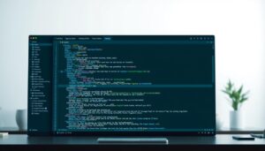A well-lit, high-resolution image of a modern, minimalist code editor interface, showcasing a clean and intuitive user experience. The foreground features a large, centered window displaying lines of code in a cool-toned syntax highlighting scheme, conveying a sense of productivity and focus. The middle ground includes a sidebar with neatly organized file and folder structures, as well as a toolbar with various customizable settings and tools. The background depicts a serene, blurred workspace environment, creating a calming and professional atmosphere. The overall scene communicates the power and versatility of a top-tier programming text editor, suitable for both beginners and experienced developers.